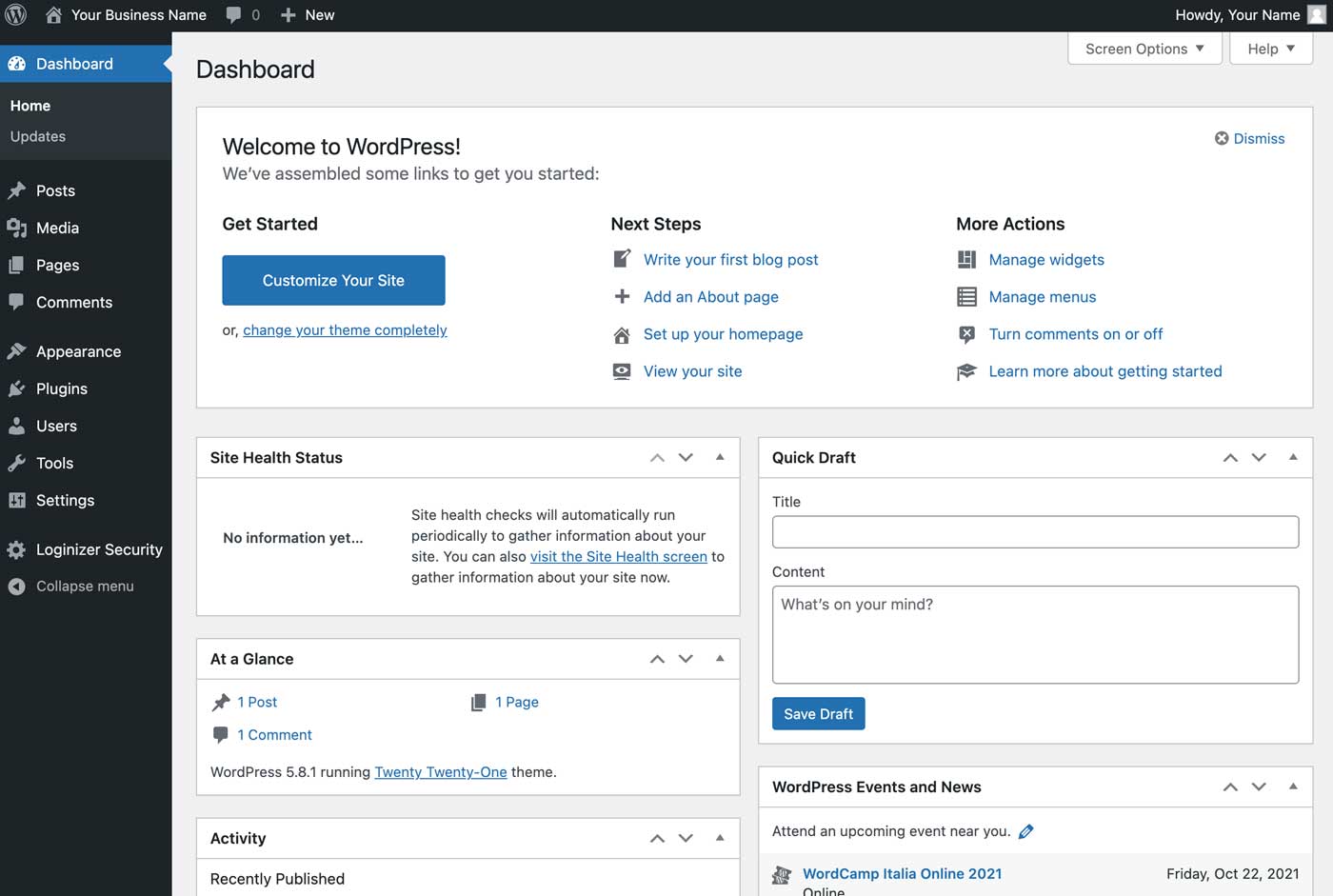 wordpress welcome screen